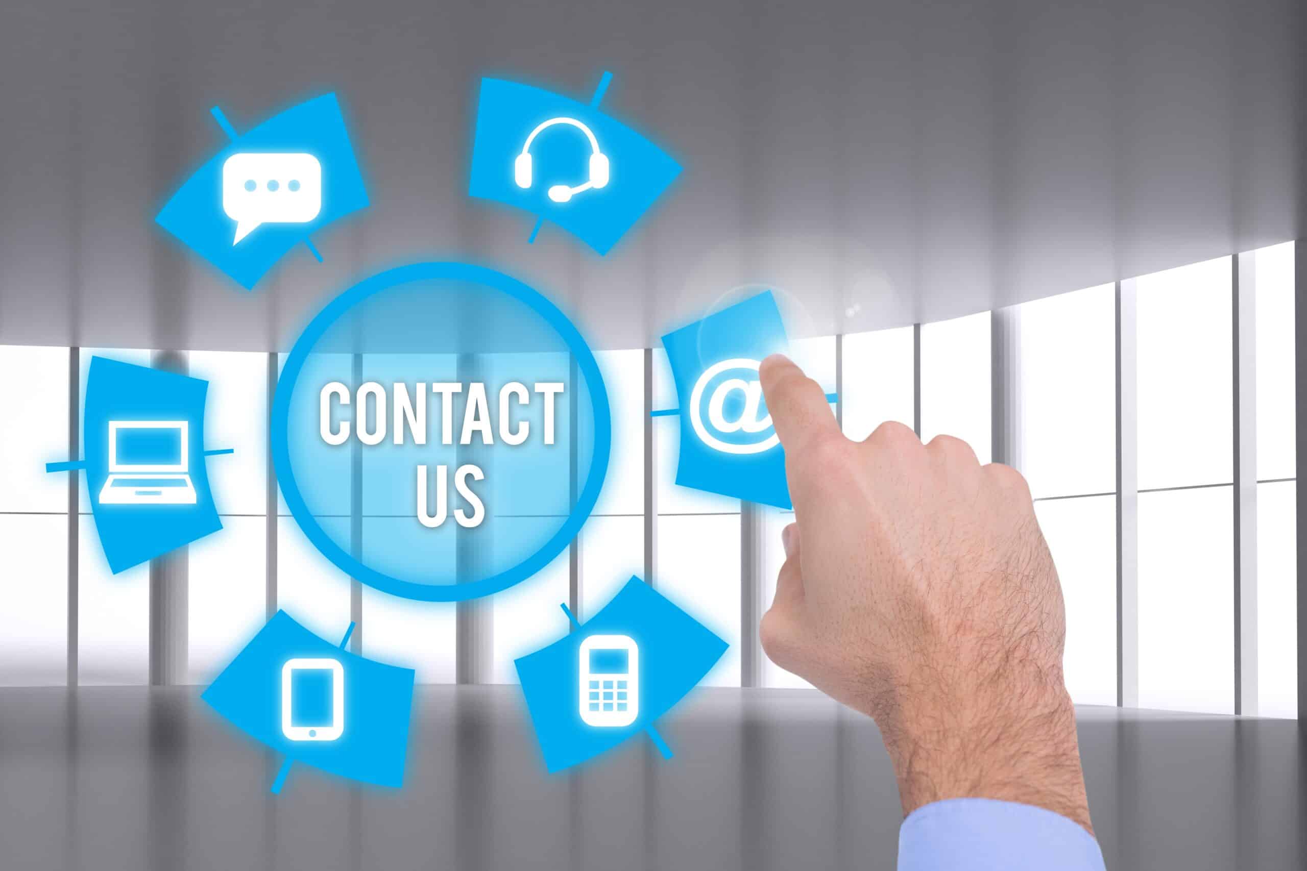Contact options illustrated by phone, email and chat icons